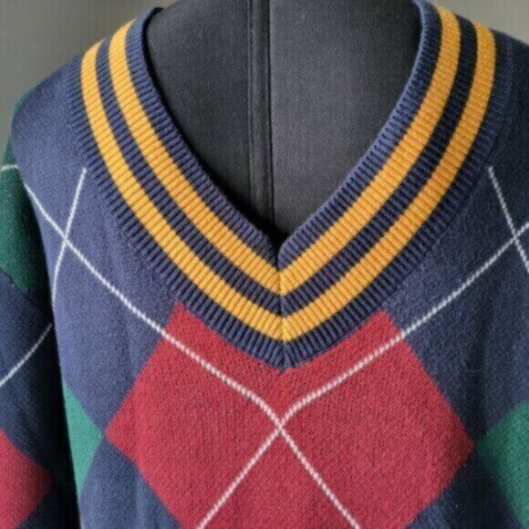 LEVI'S Preppy Argyle RETRO 90's Stay Loose Oversized V-Neck Sweater Sz Large - Picture 7 of 16